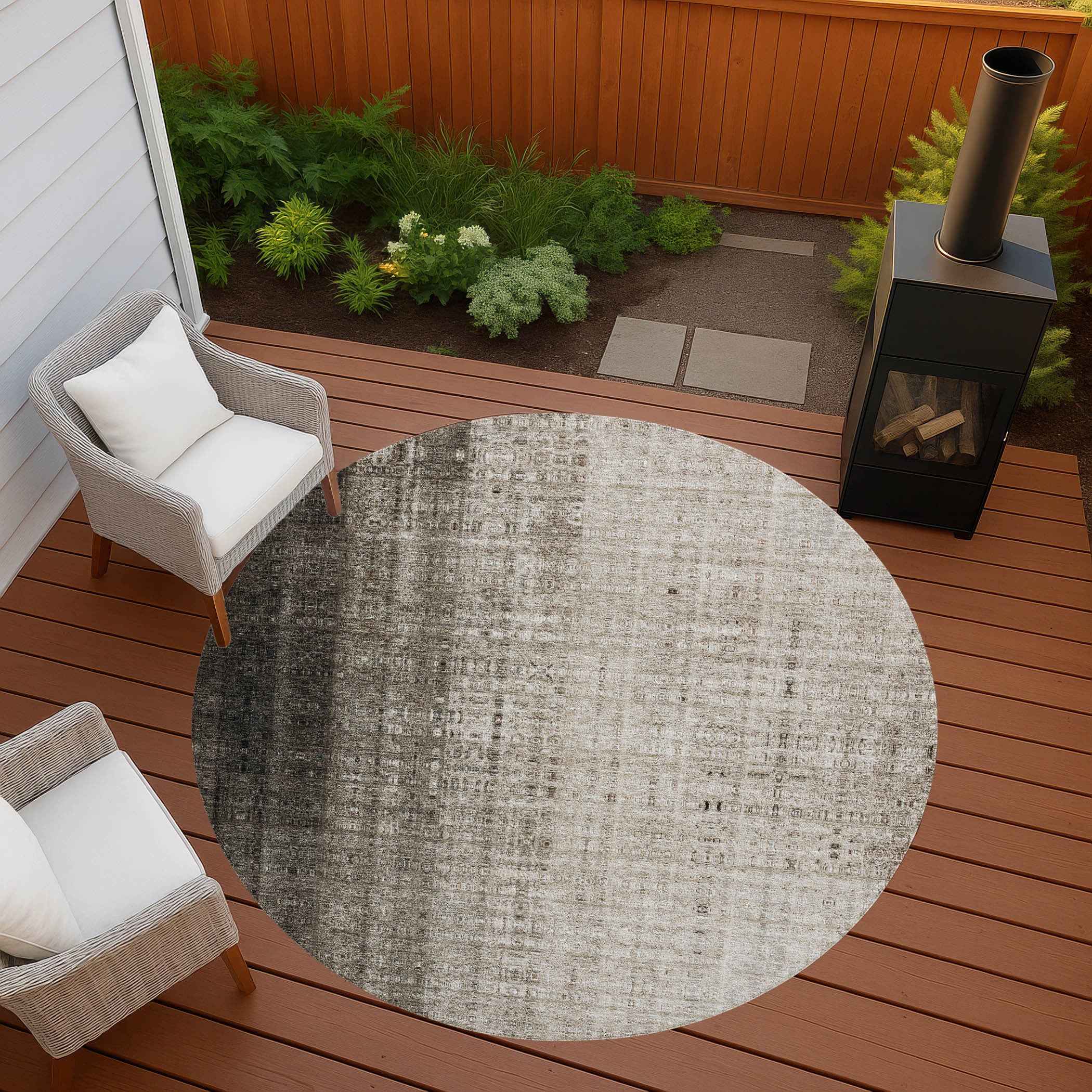 8' Brown And Beige Round Striped Washable Indoor Outdoor Area Rug