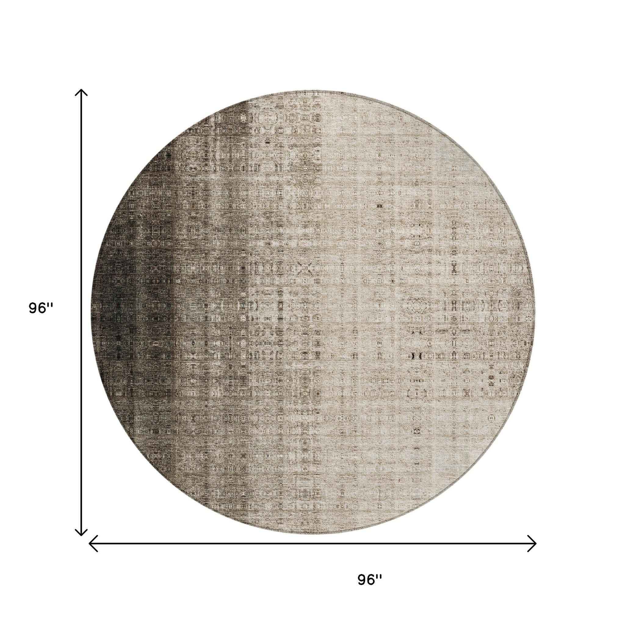 8' Brown And Beige Round Striped Washable Indoor Outdoor Area Rug