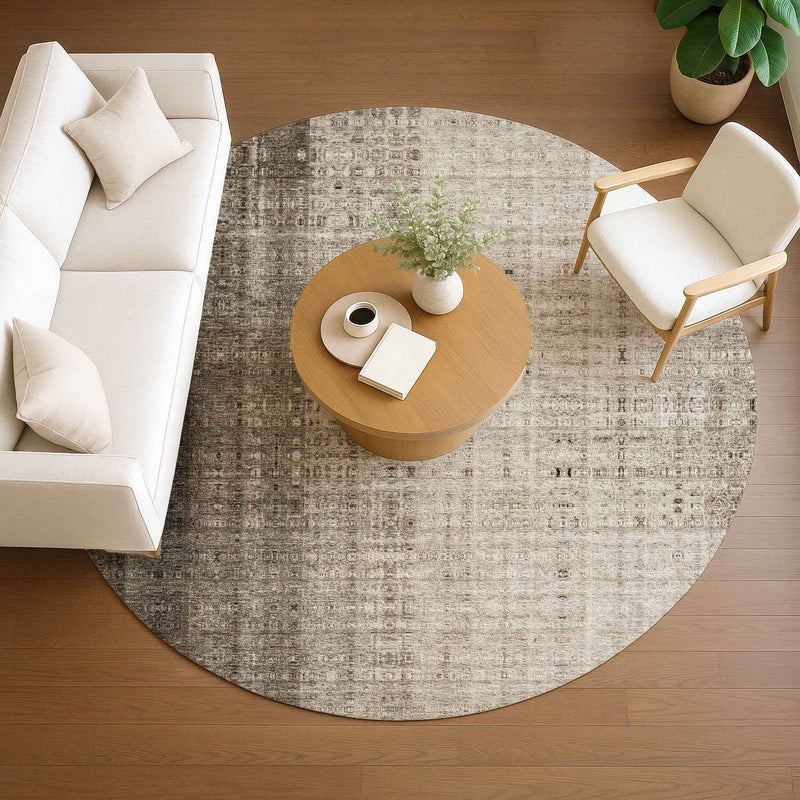 8' Brown And Beige Round Striped Washable Indoor Outdoor Area Rug