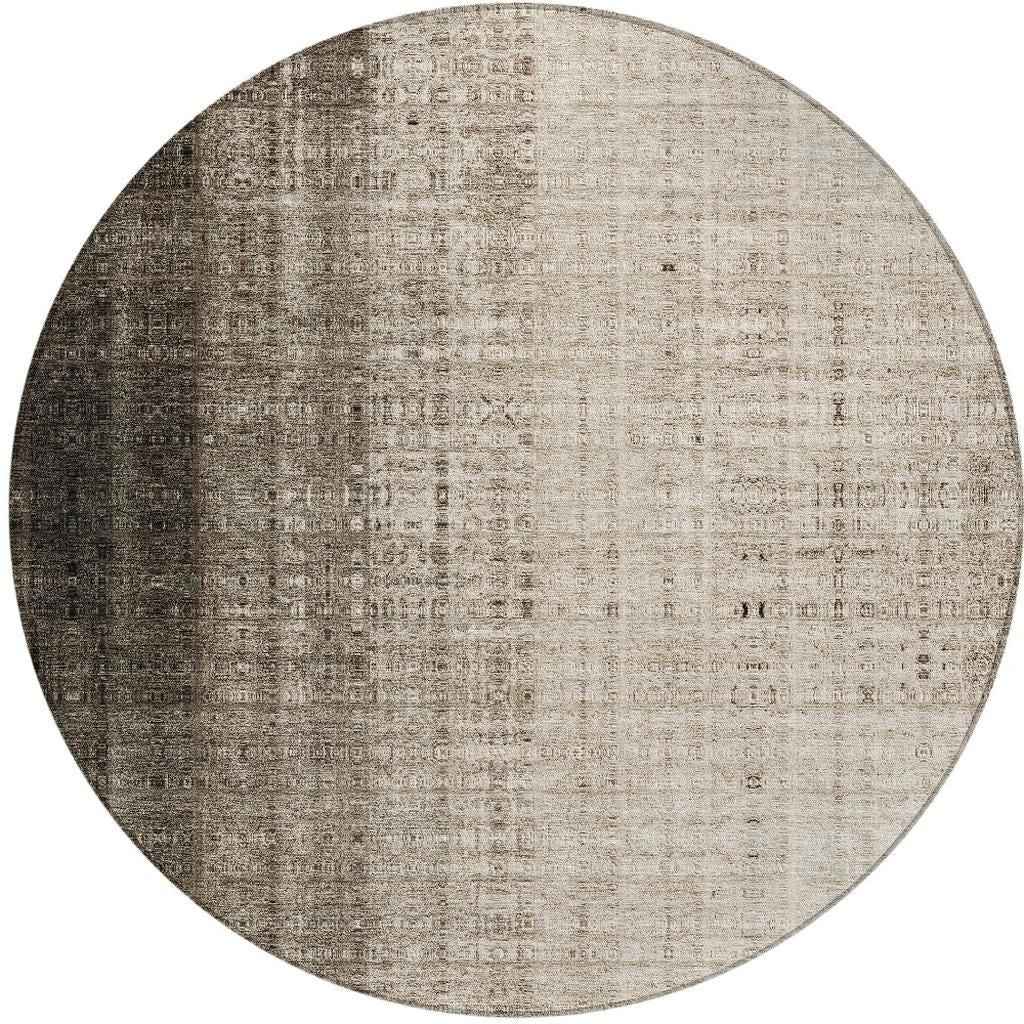 8' Brown And Beige Round Striped Washable Indoor Outdoor Area Rug