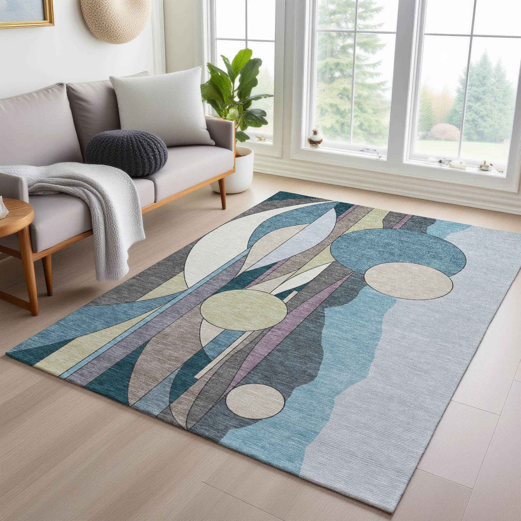 8' X 10' Teal Blue Ivory And Green Geometric Washable Indoor Outdoor Area Rug