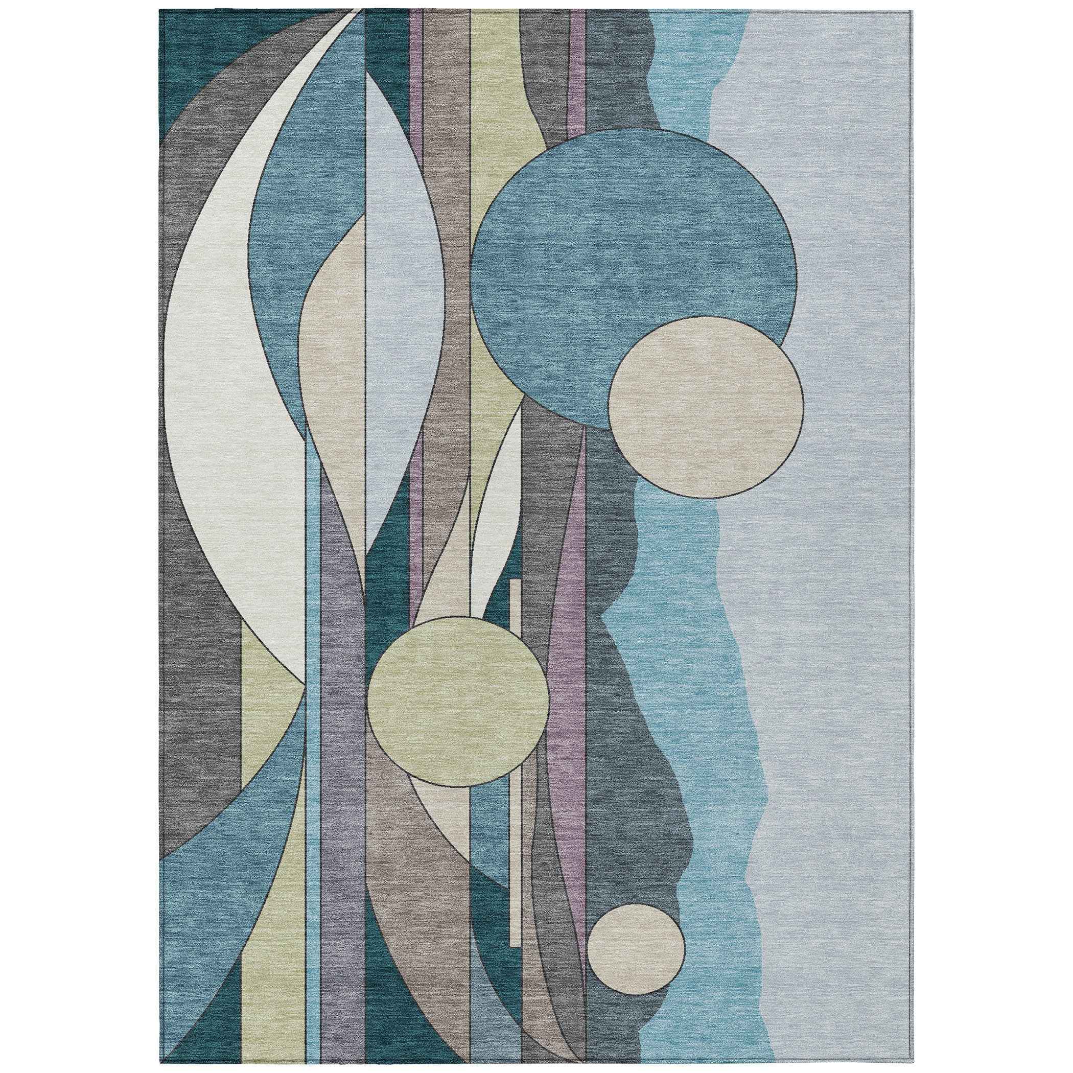 8' X 10' Teal Blue Ivory And Green Geometric Washable Indoor Outdoor Area Rug