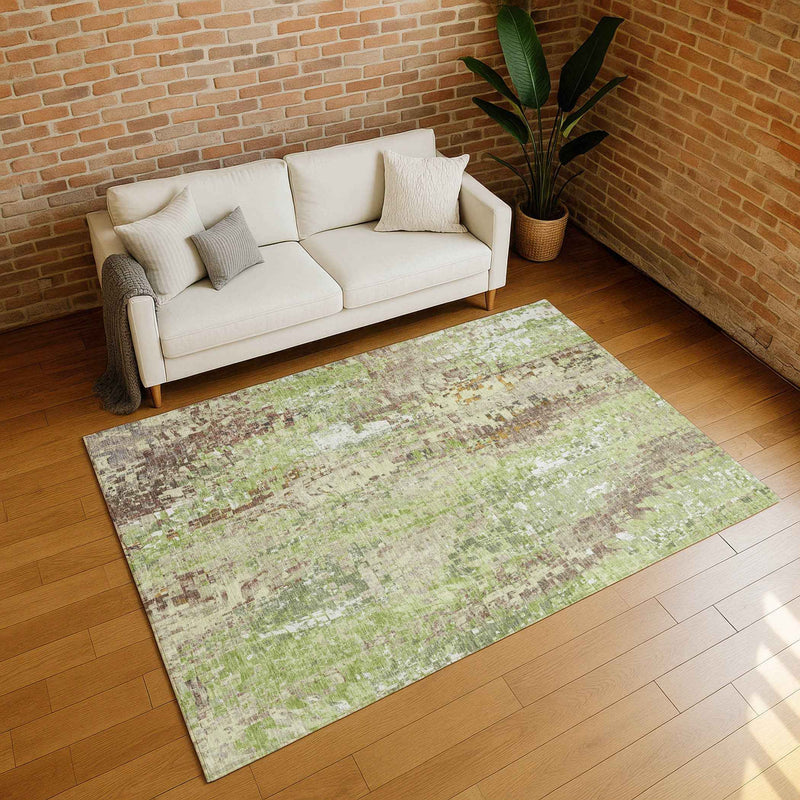 3' X 5' Green Tan And Ivory Abstract Washable Indoor Outdoor Area Rug