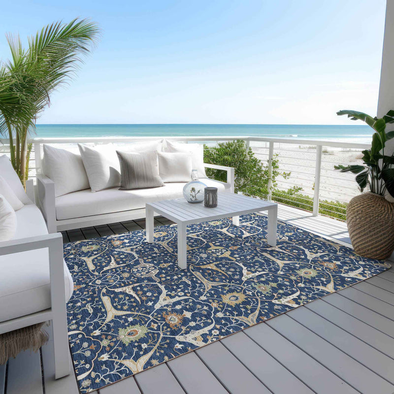 8' X 10' Navy Blue Ivory And Gold Floral Washable Indoor Outdoor Area Rug
