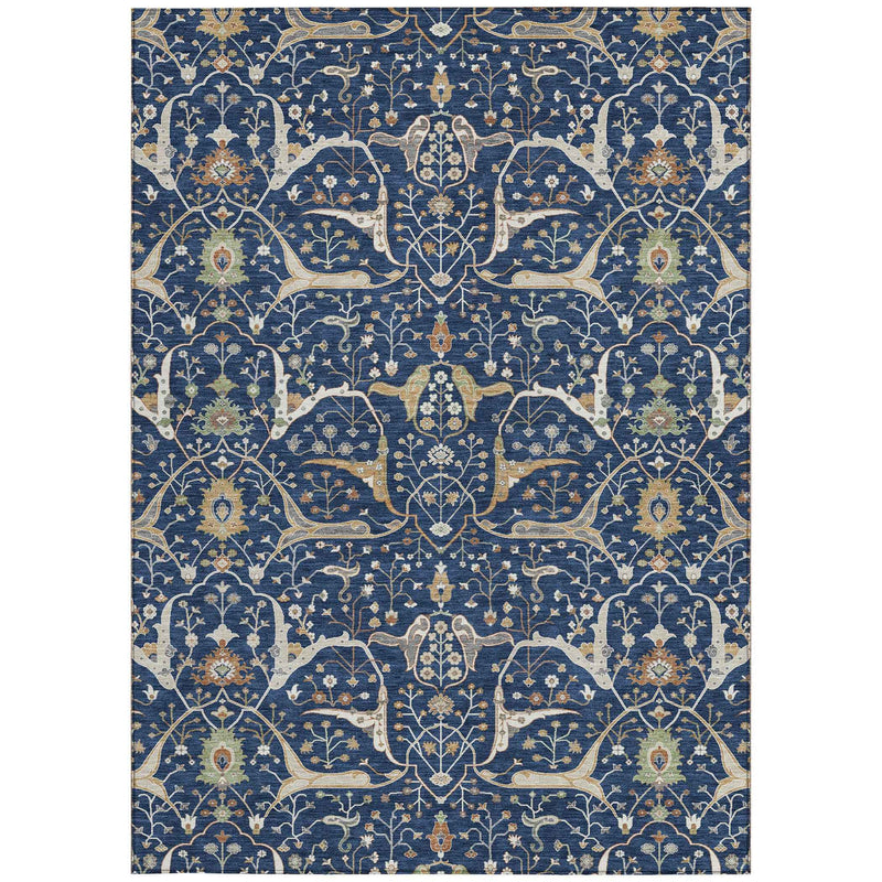 8' X 10' Navy Blue Ivory And Gold Floral Washable Indoor Outdoor Area Rug