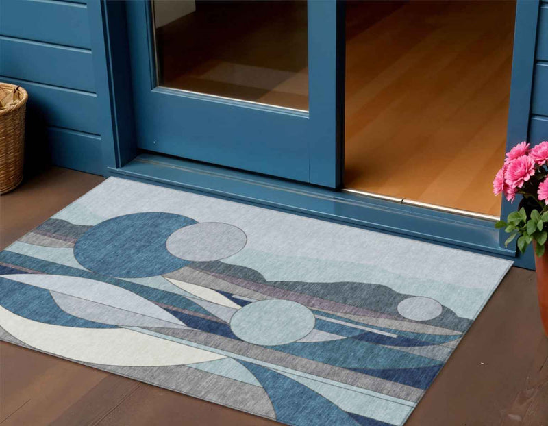 3' X 5' Blue And Ivory Geometric Washable Indoor Outdoor Area Rug