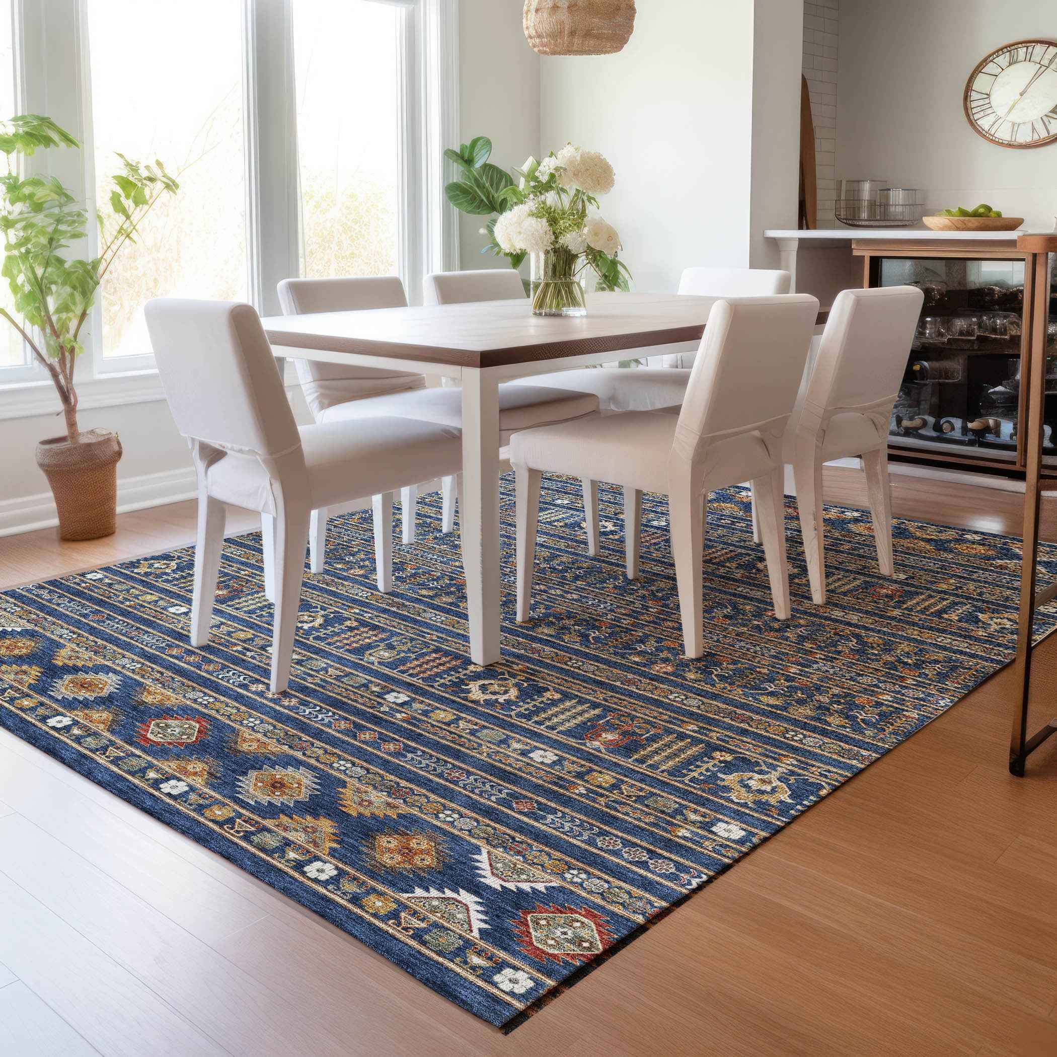 9' X 12' Navy Blue Copper And Gold Tribal Washable Indoor Outdoor Area Rug