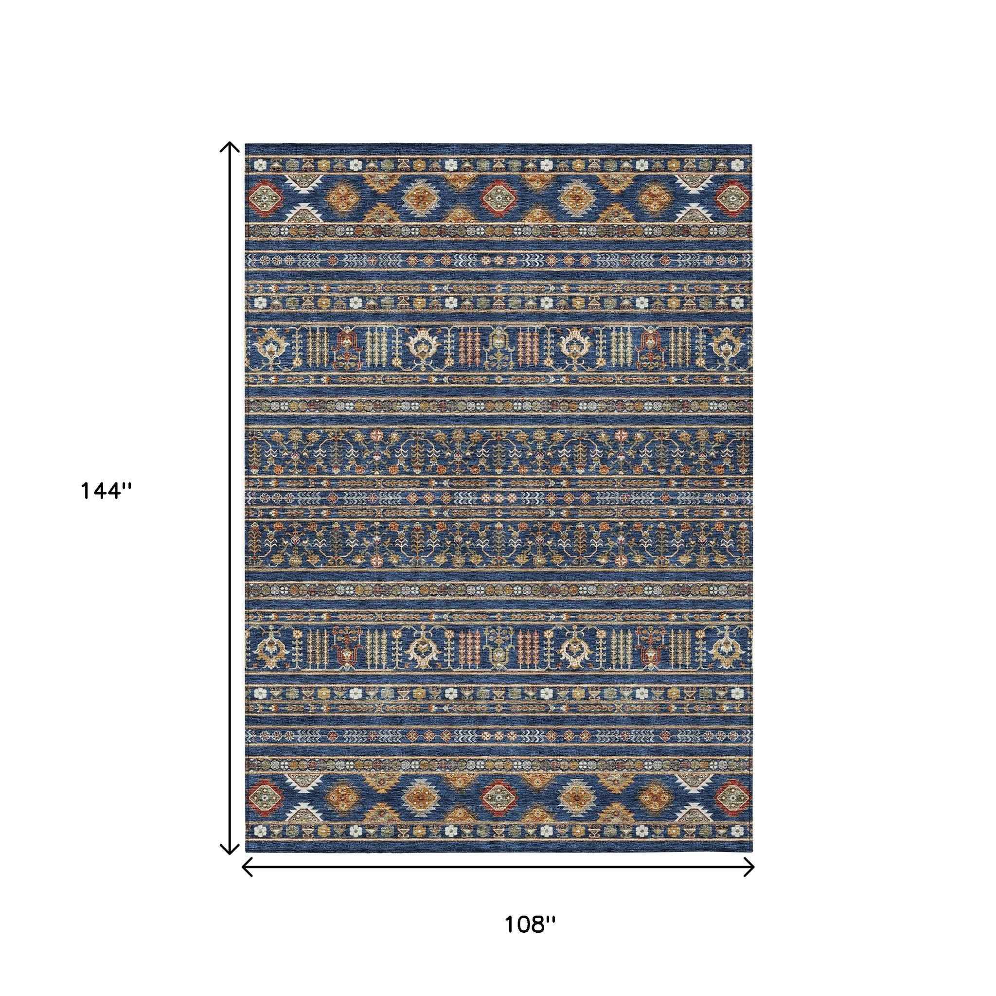 9' X 12' Navy Blue Copper And Gold Tribal Washable Indoor Outdoor Area Rug