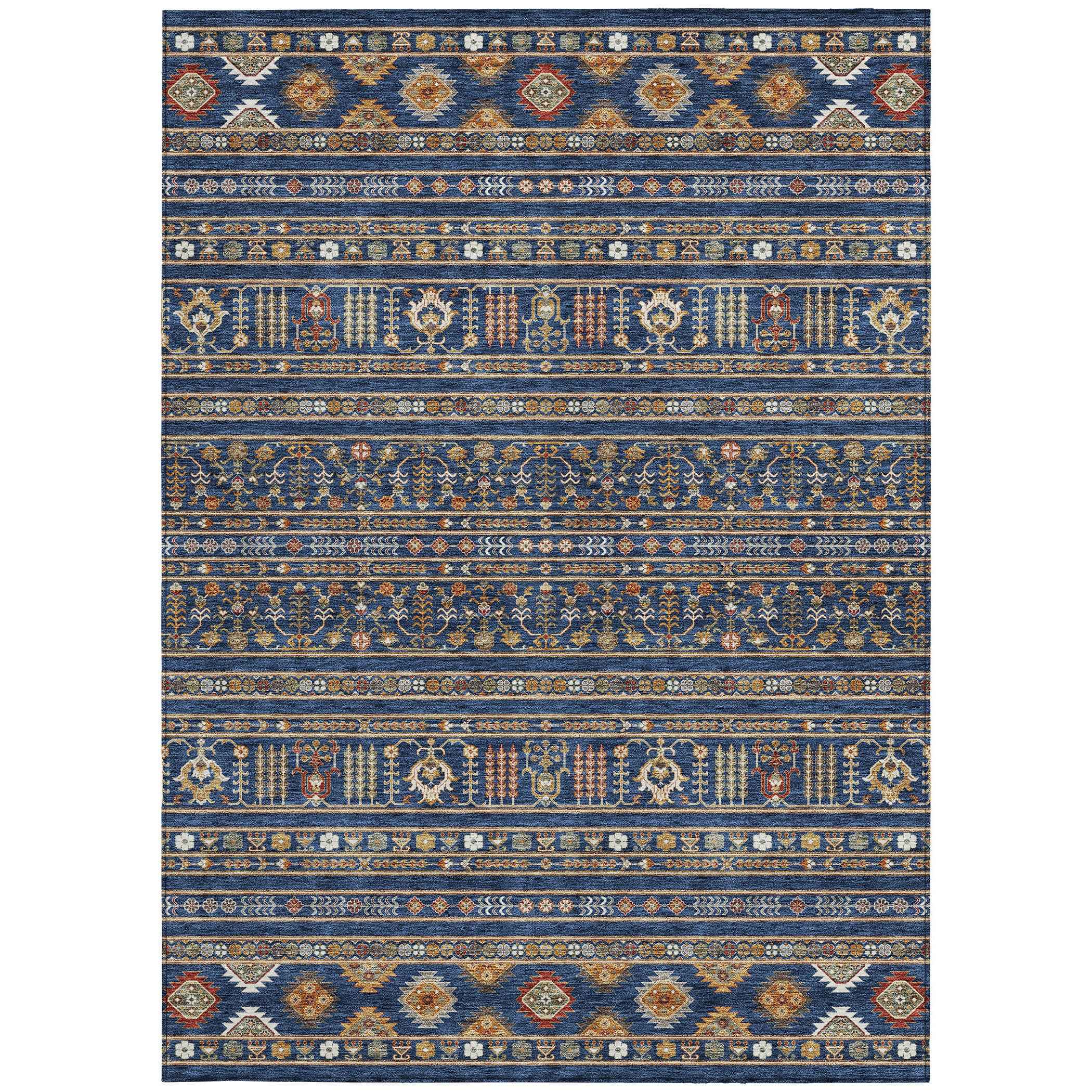 9' X 12' Navy Blue Copper And Gold Tribal Washable Indoor Outdoor Area Rug
