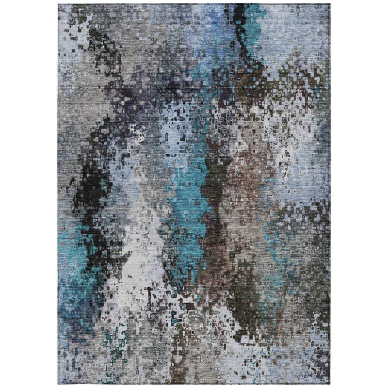 5' X 8' Khaki Ivory And Blue Abstract Washable Indoor Outdoor Area Rug