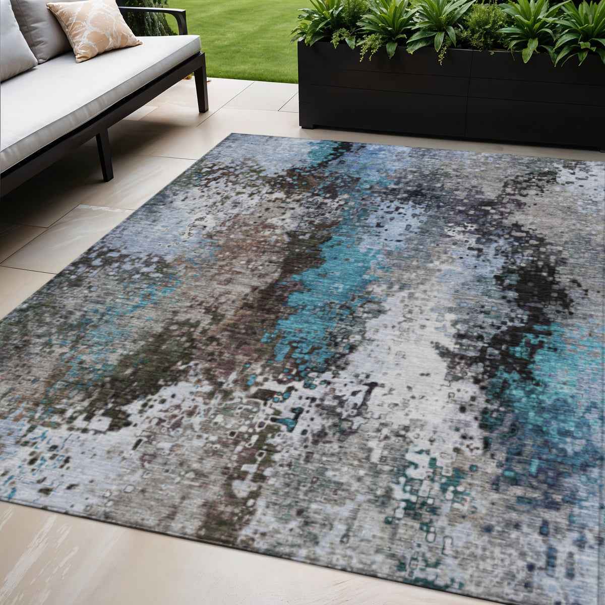 5' X 8' Khaki Ivory And Blue Abstract Washable Indoor Outdoor Area Rug