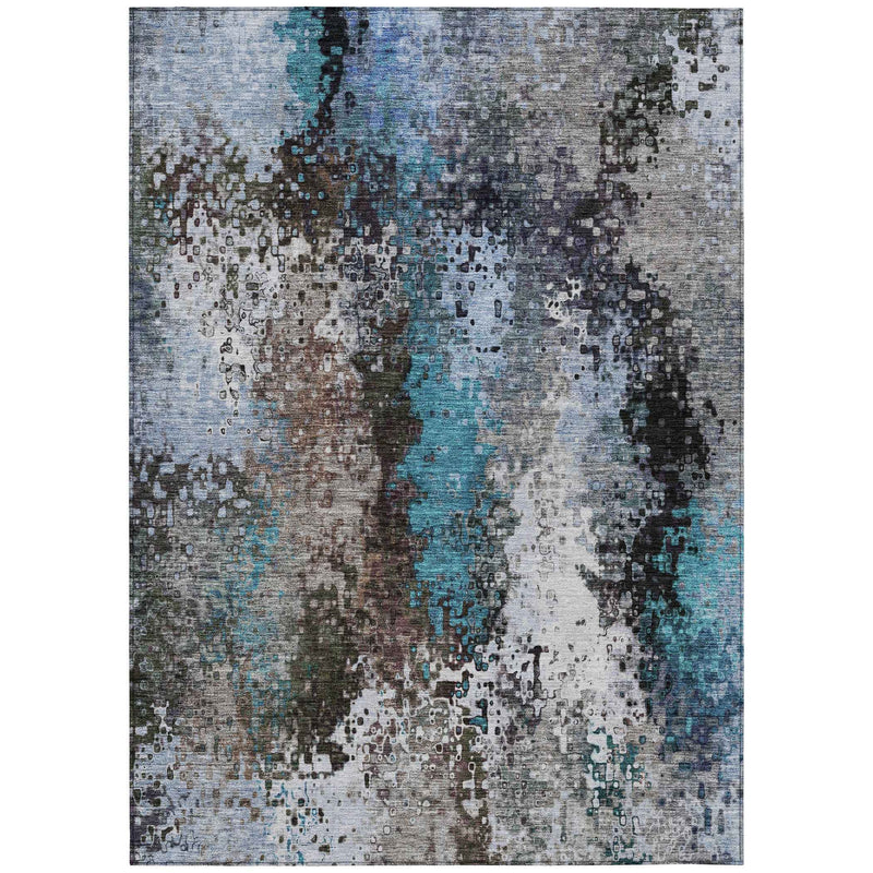 5' X 8' Khaki Ivory And Blue Abstract Washable Indoor Outdoor Area Rug