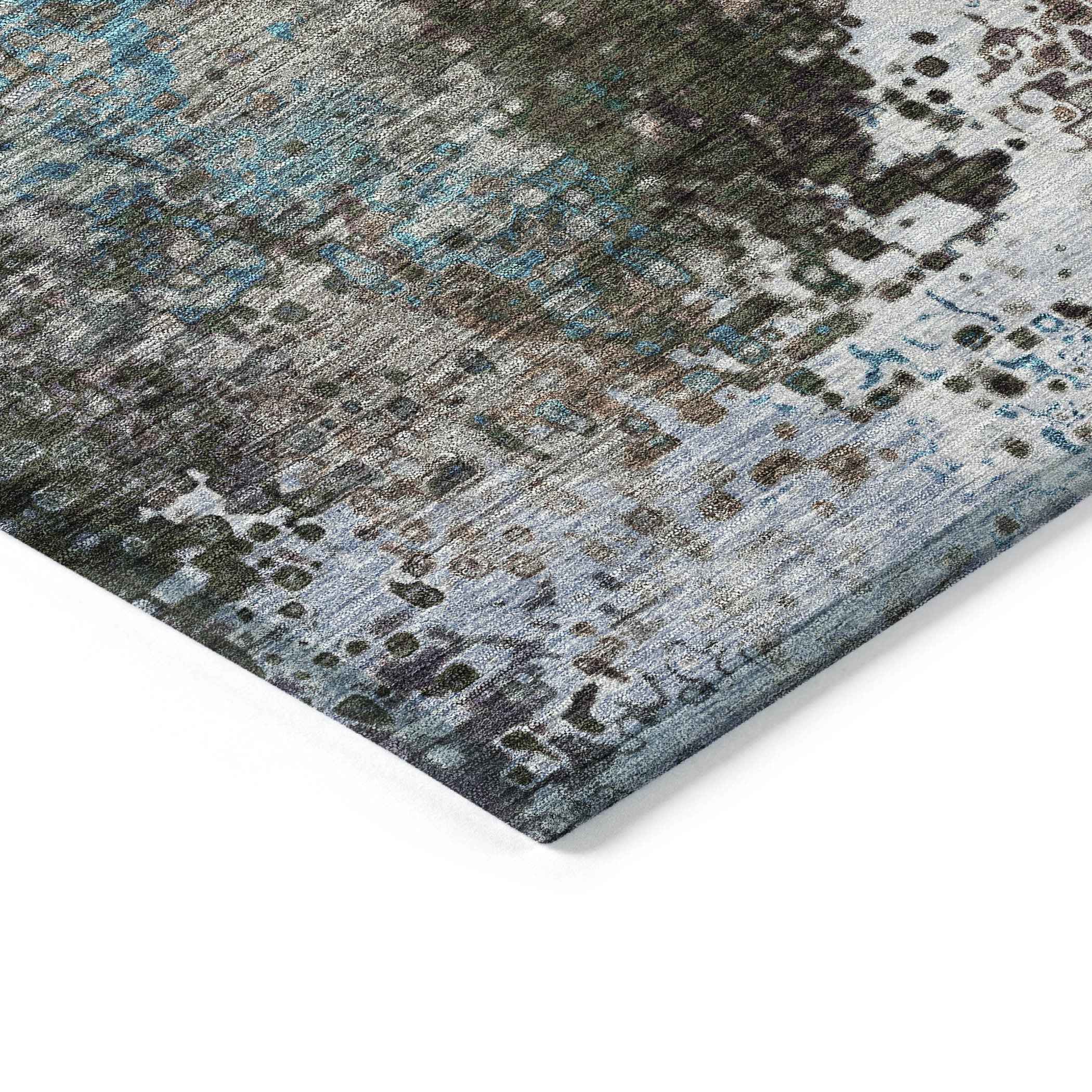 5' X 8' Khaki Ivory And Blue Abstract Washable Indoor Outdoor Area Rug