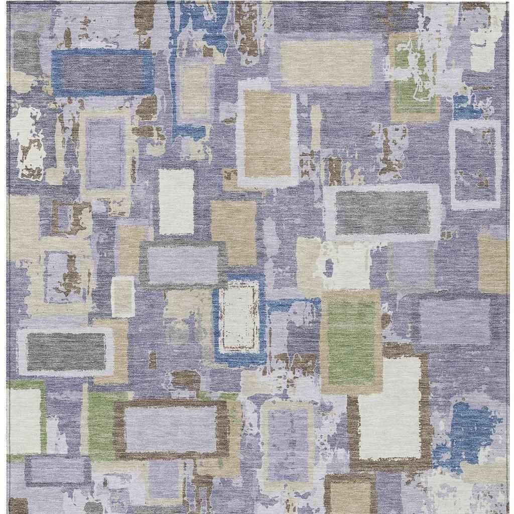 10' X 14' Purple Tan And Ivory Geometric Washable Indoor Outdoor Area Rug