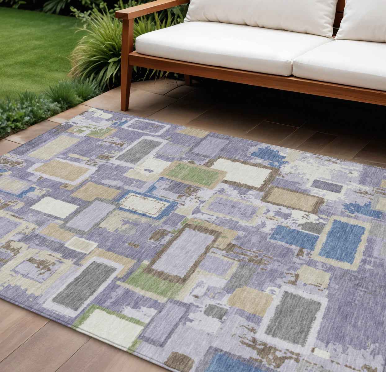 10' X 14' Purple Tan And Ivory Geometric Washable Indoor Outdoor Area Rug