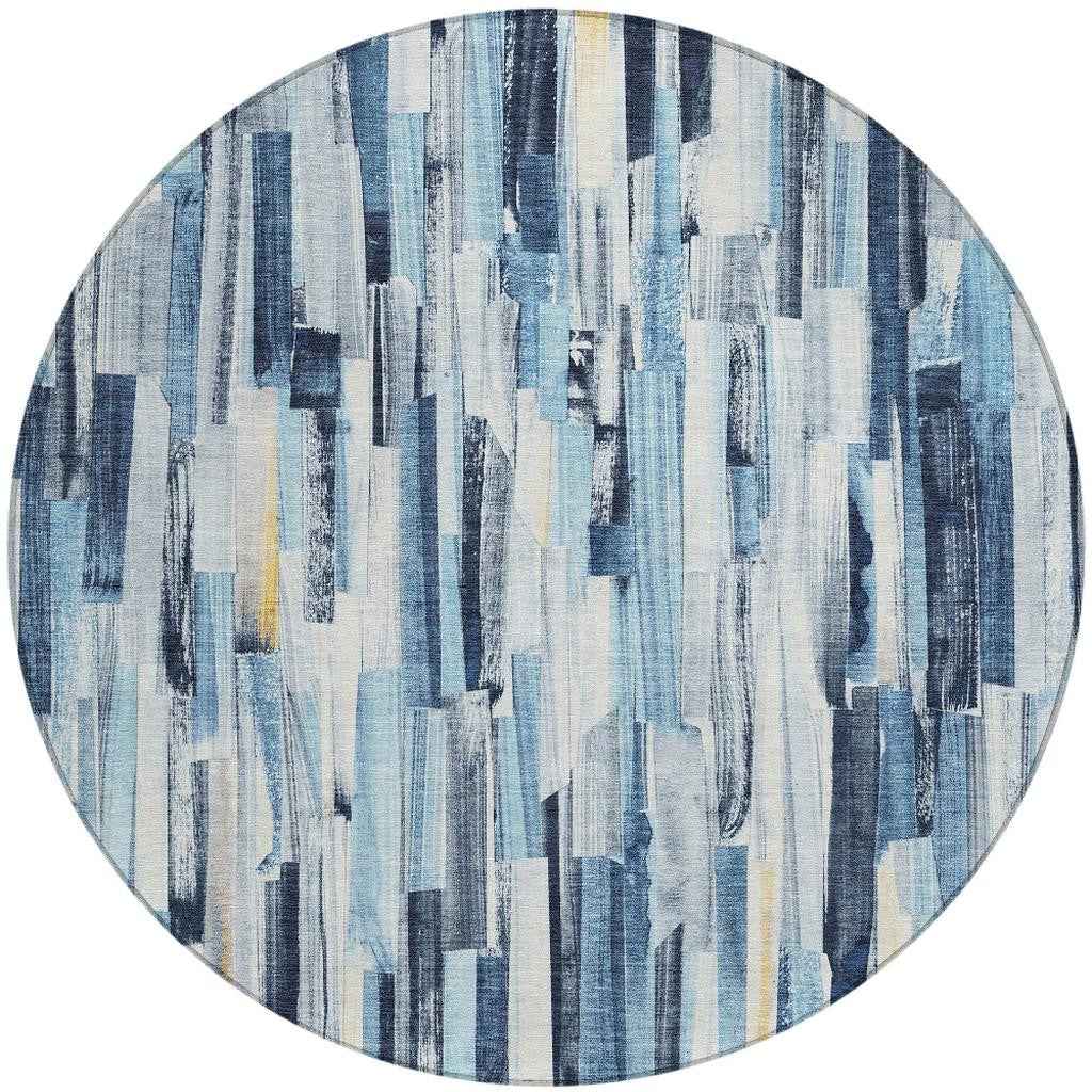 8' Denim Blue And Ivory Round Striped Washable Indoor Outdoor Area Rug