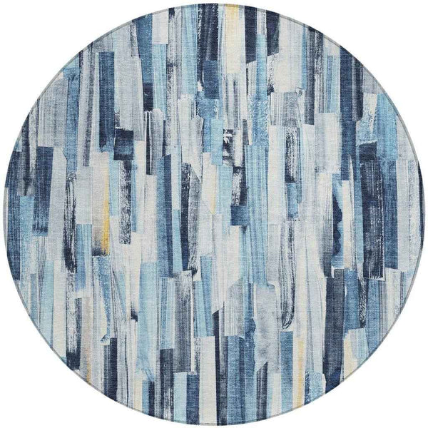 8' Denim Blue And Ivory Round Striped Washable Indoor Outdoor Area Rug