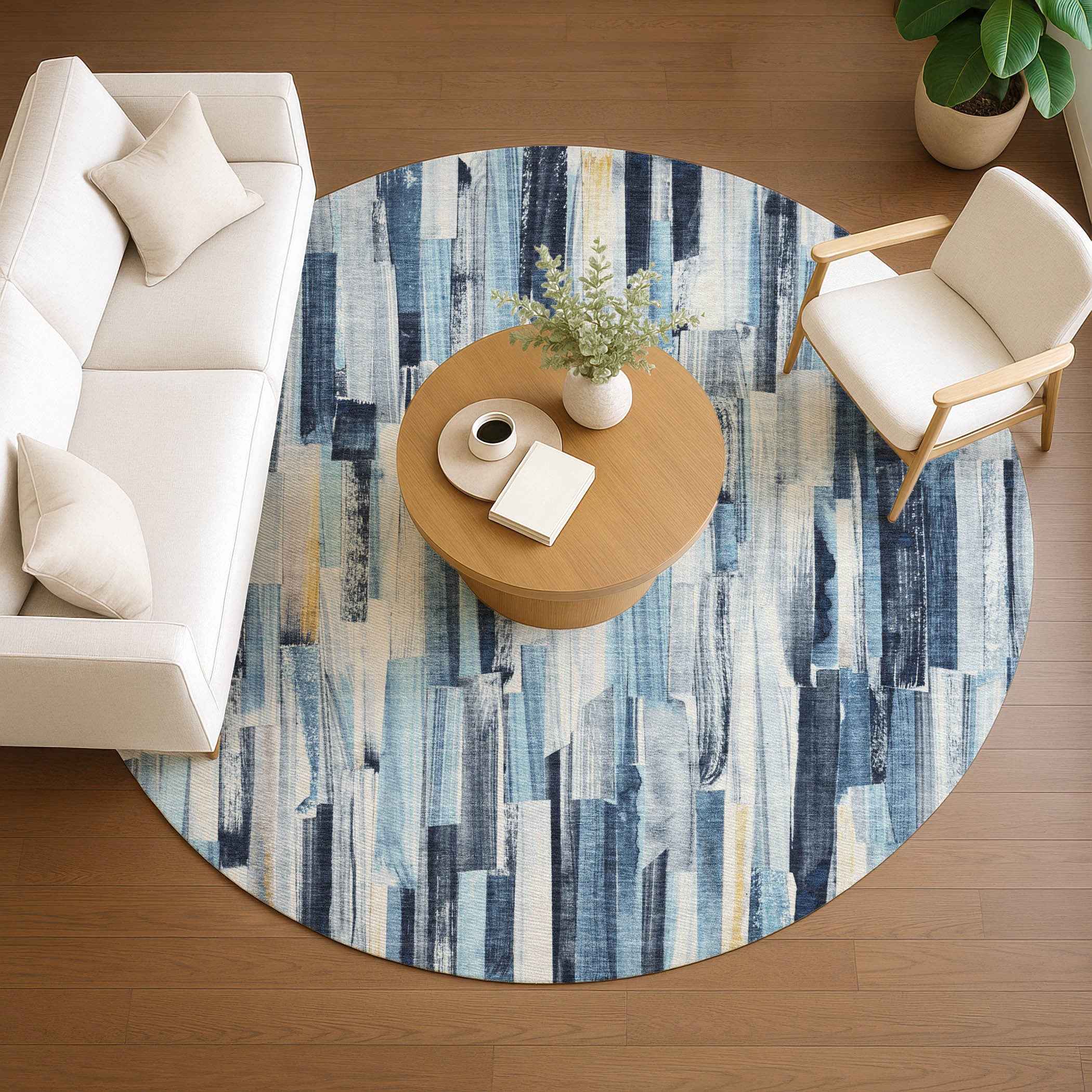8' Denim Blue And Ivory Round Striped Washable Indoor Outdoor Area Rug