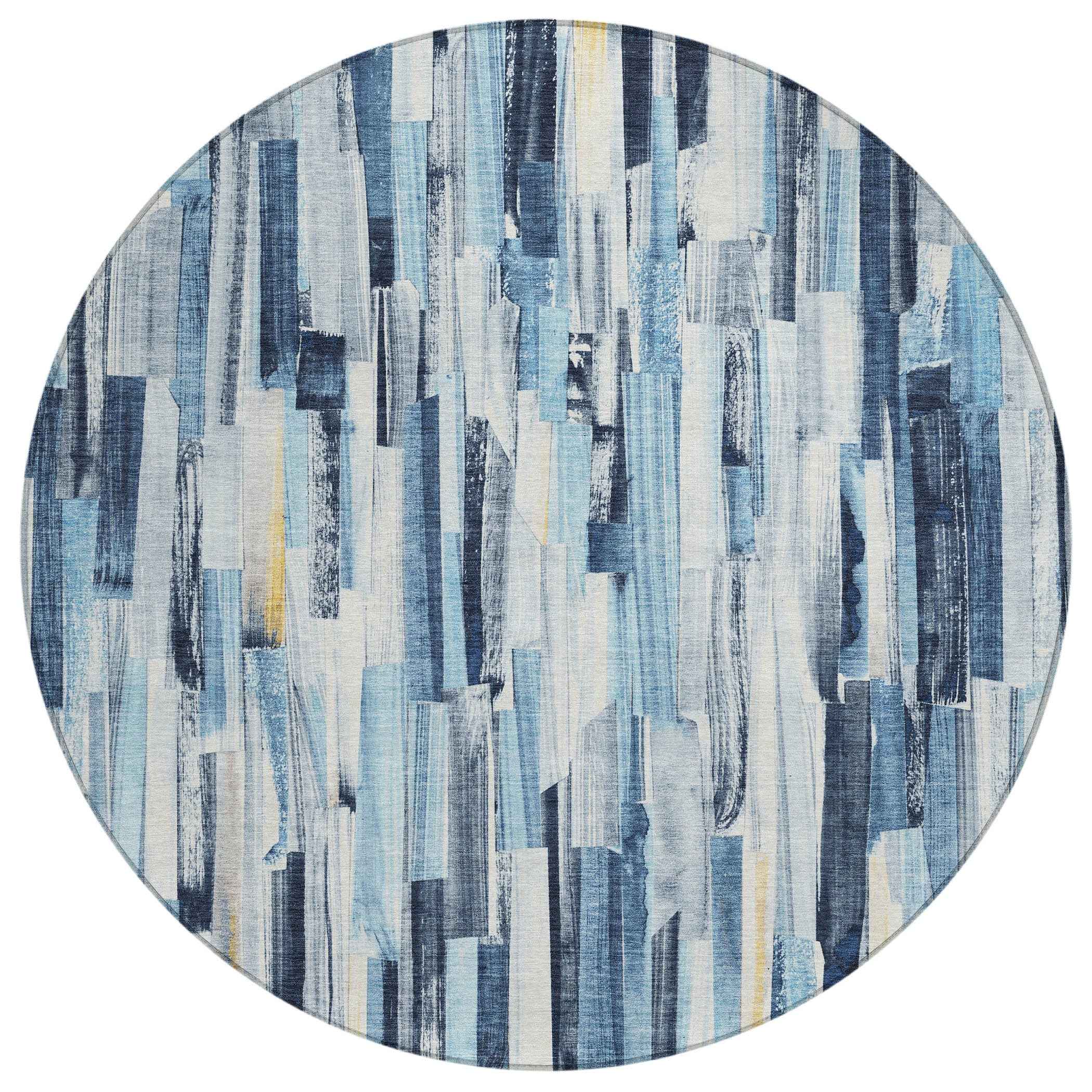 8' Denim Blue And Ivory Round Striped Washable Indoor Outdoor Area Rug