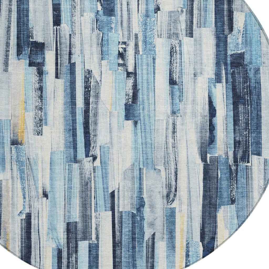 8' Denim Blue And Ivory Round Striped Washable Indoor Outdoor Area Rug