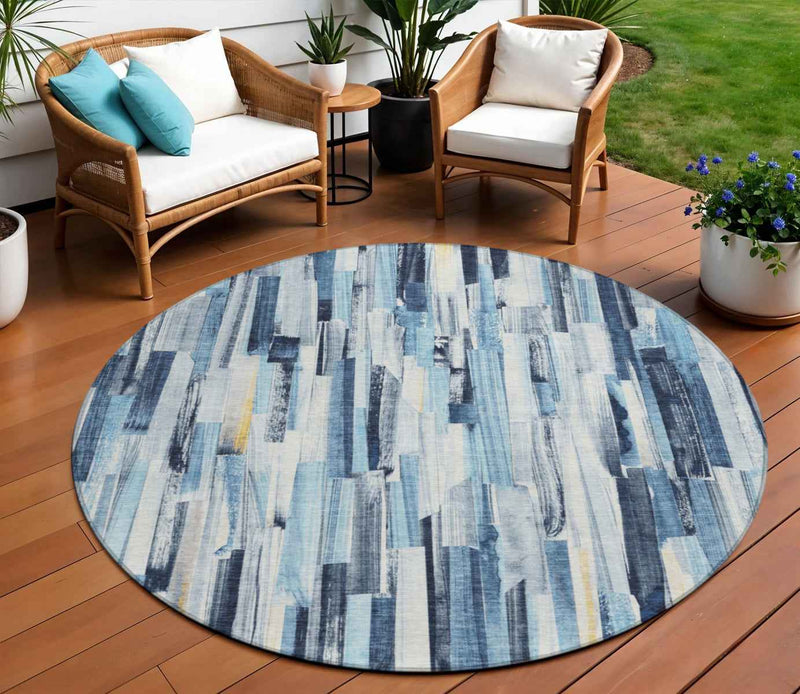 8' Denim Blue And Ivory Round Striped Washable Indoor Outdoor Area Rug