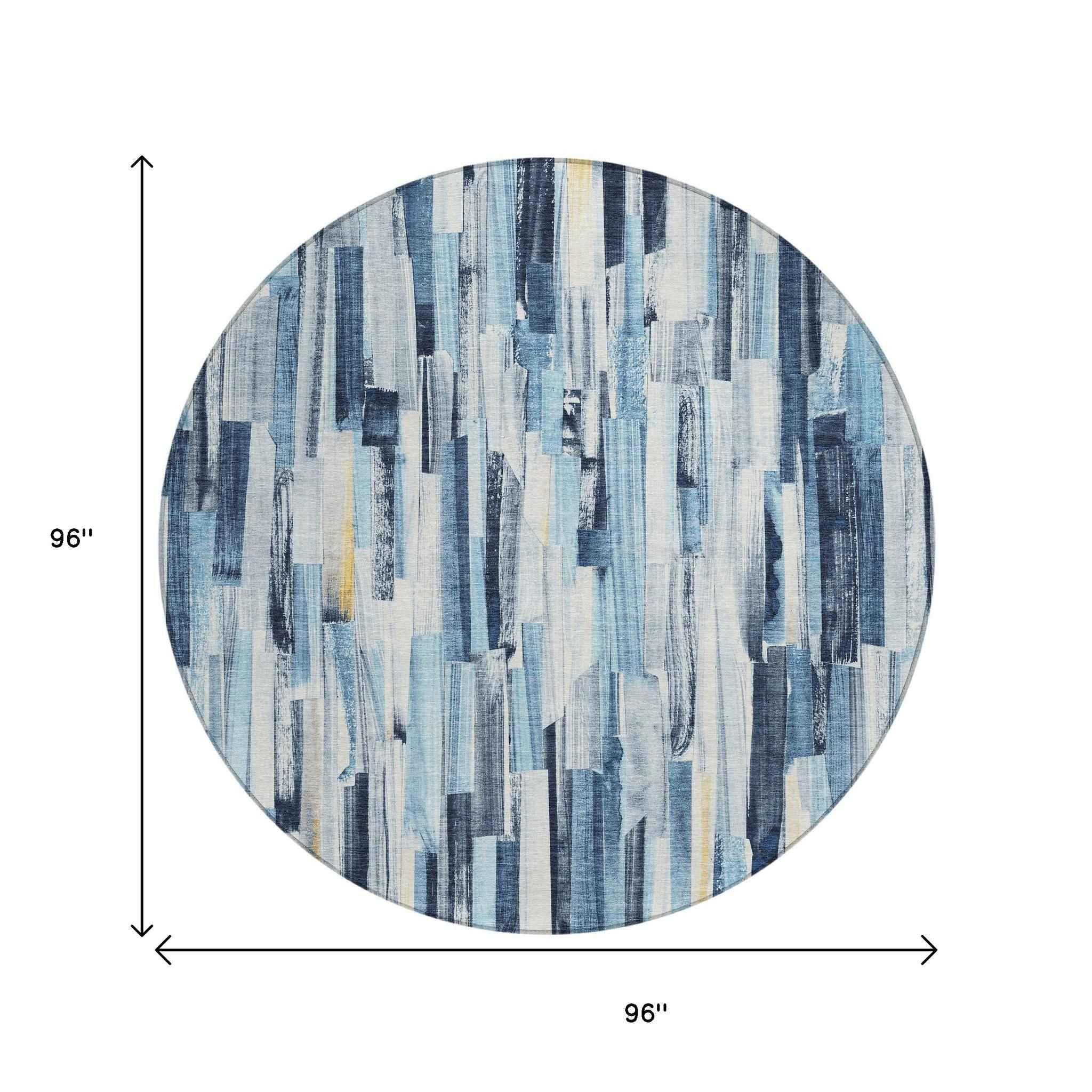 8' Denim Blue And Ivory Round Striped Washable Indoor Outdoor Area Rug