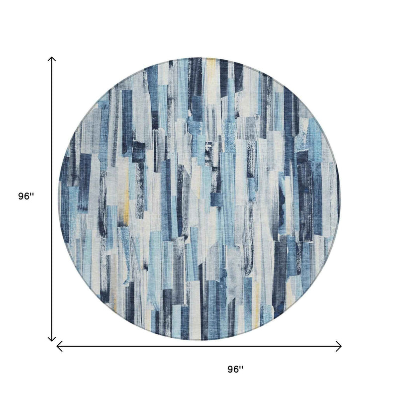8' Denim Blue And Ivory Round Striped Washable Indoor Outdoor Area Rug