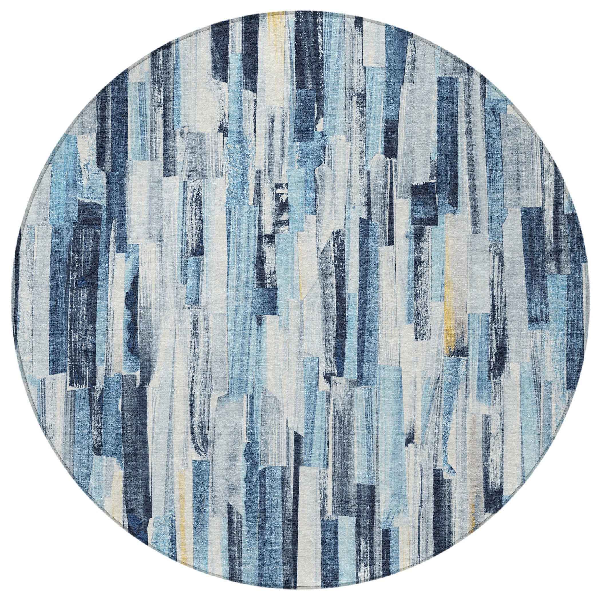 8' Denim Blue And Ivory Round Striped Washable Indoor Outdoor Area Rug