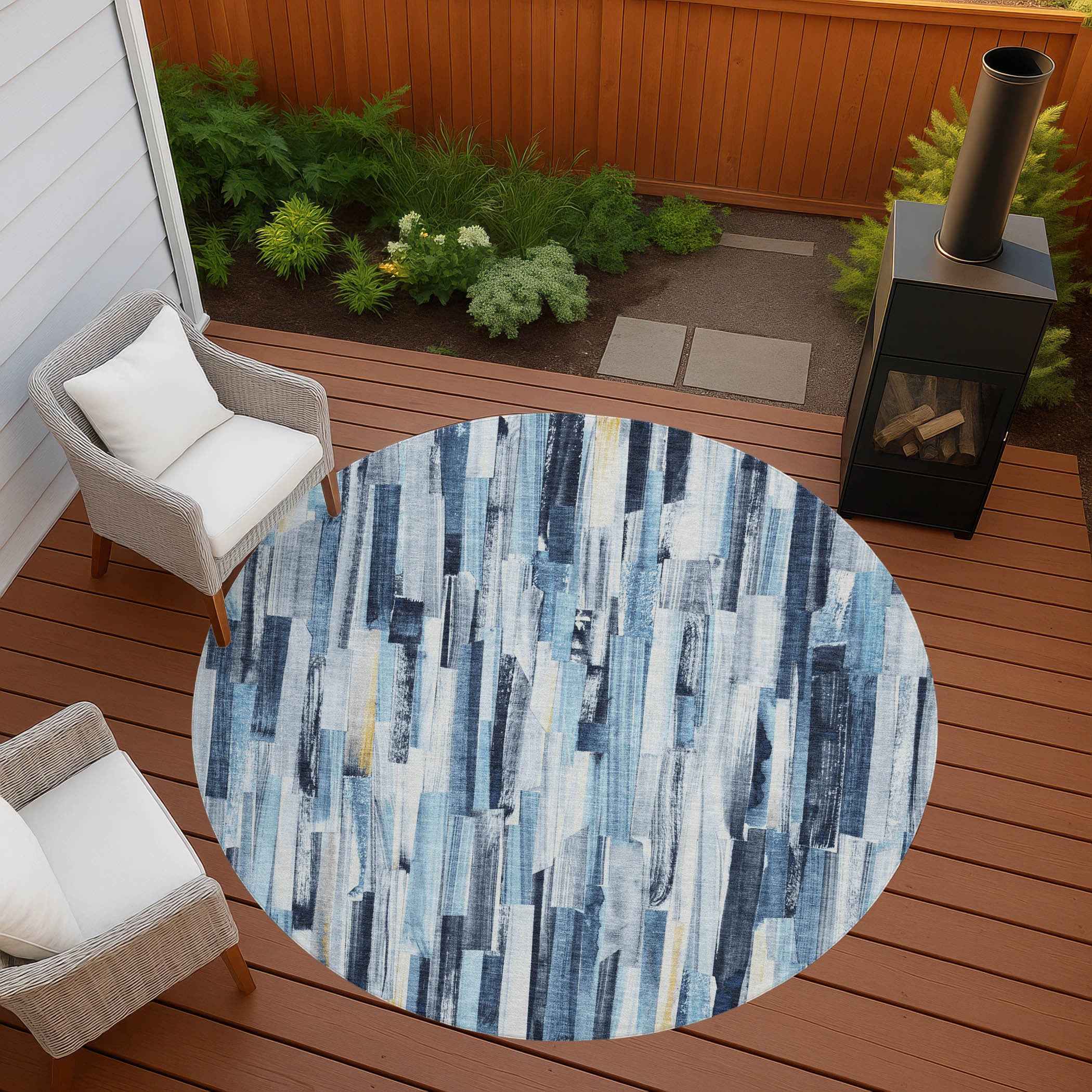 8' Denim Blue And Ivory Round Striped Washable Indoor Outdoor Area Rug
