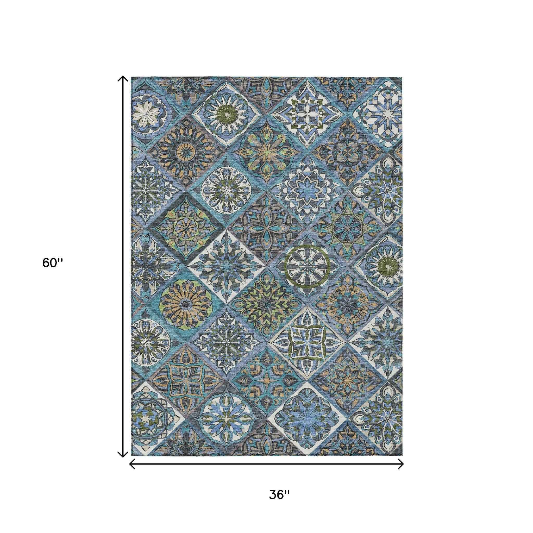 3' X 5' Denim Blue And Green Patchwork Washable Indoor Outdoor Area Rug