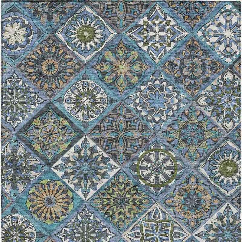 3' X 5' Denim Blue And Green Patchwork Washable Indoor Outdoor Area Rug