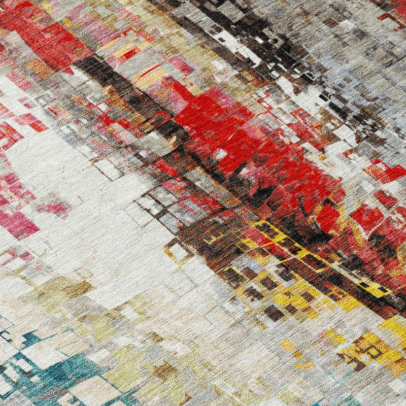 5' X 8' Silver Red Teal Blue And Ivory Abstract Washable Indoor Outdoor Area Rug