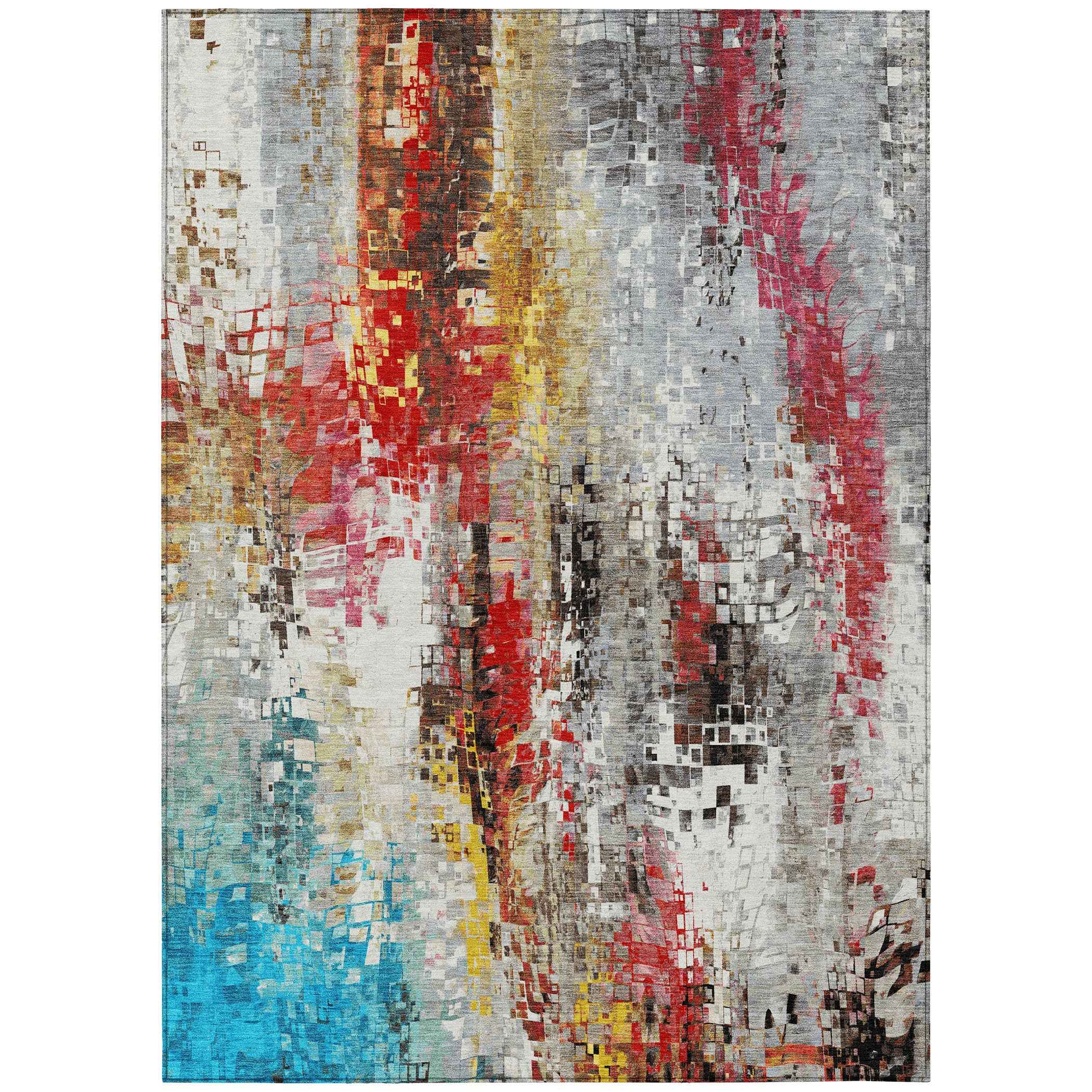 5' X 8' Silver Red Teal Blue And Ivory Abstract Washable Indoor Outdoor Area Rug