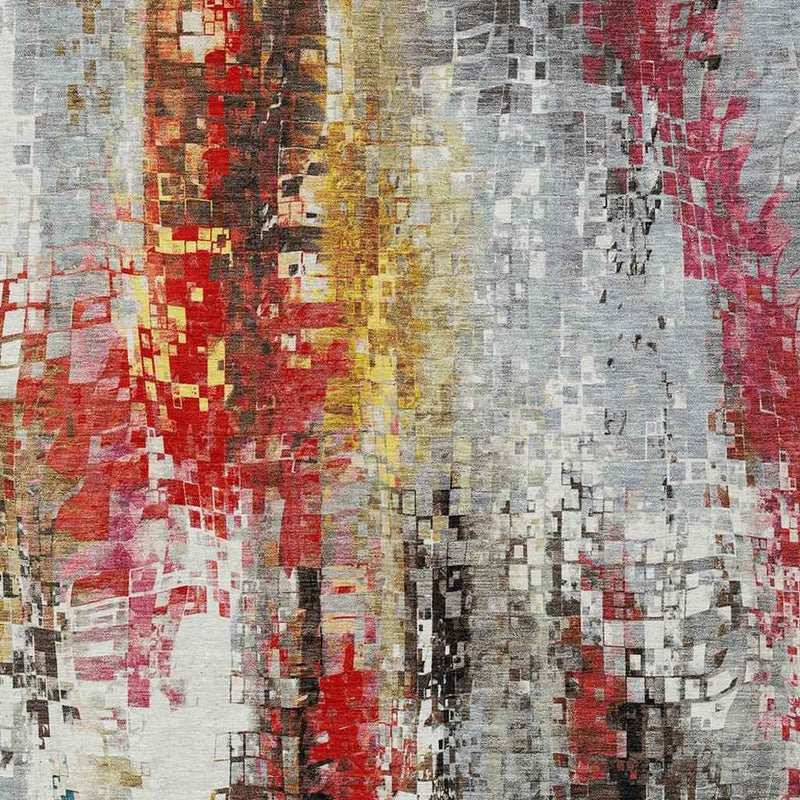 5' X 8' Silver Red Teal Blue And Ivory Abstract Washable Indoor Outdoor Area Rug