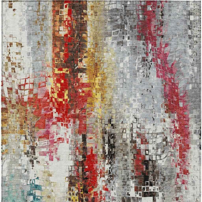 5' X 8' Silver Red Teal Blue And Ivory Abstract Washable Indoor Outdoor Area Rug