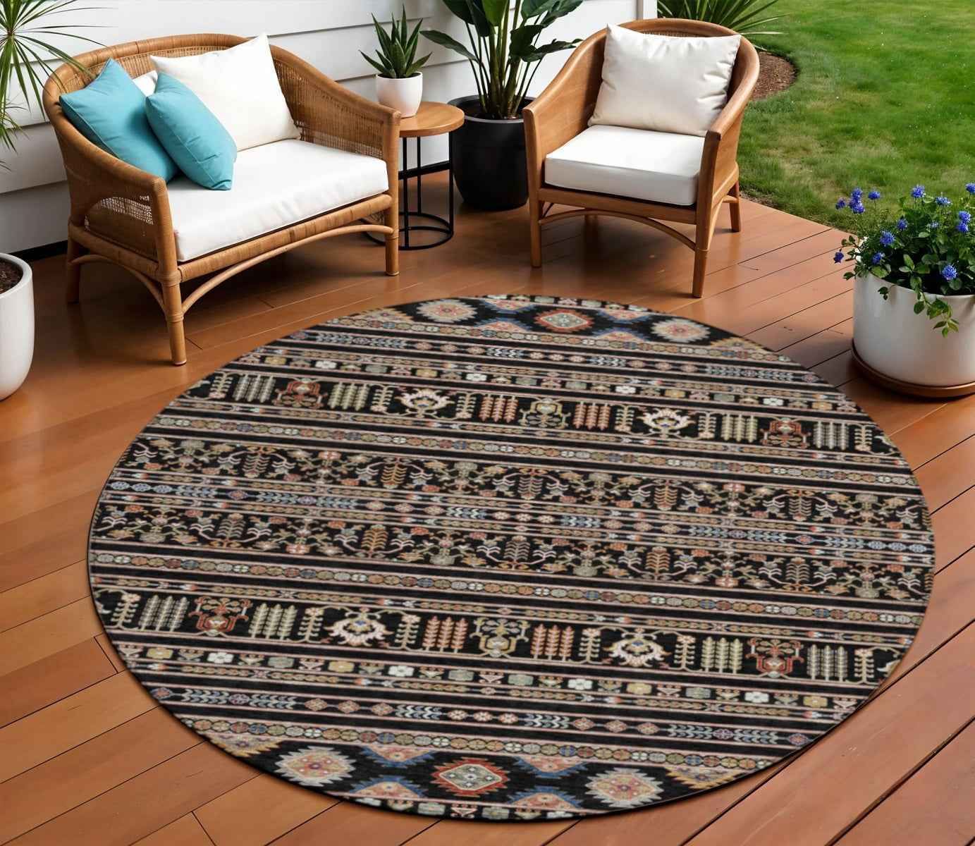 8' Black Blue And Copper Round Tribal Washable Indoor Outdoor Area Rug