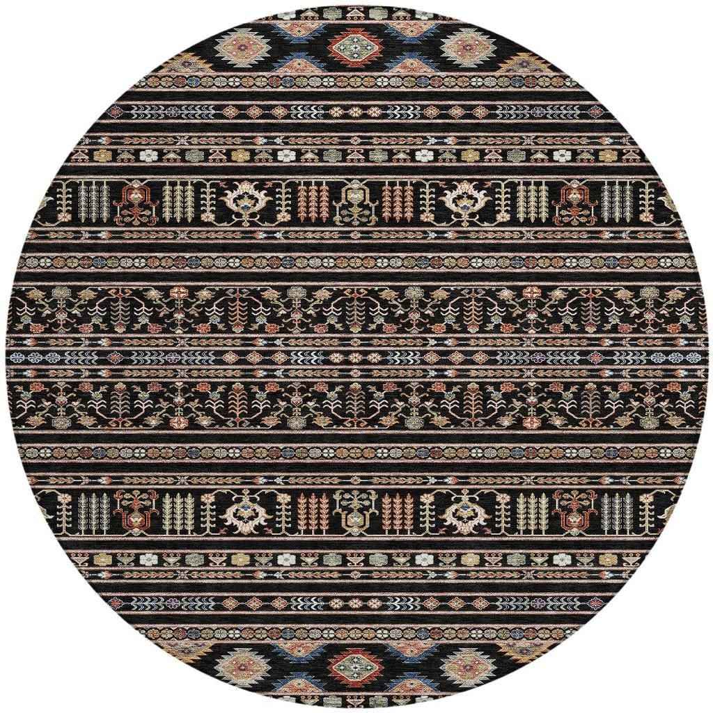 8' Black Blue And Copper Round Tribal Washable Indoor Outdoor Area Rug