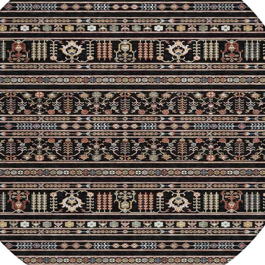 8' Black Blue And Copper Round Tribal Washable Indoor Outdoor Area Rug