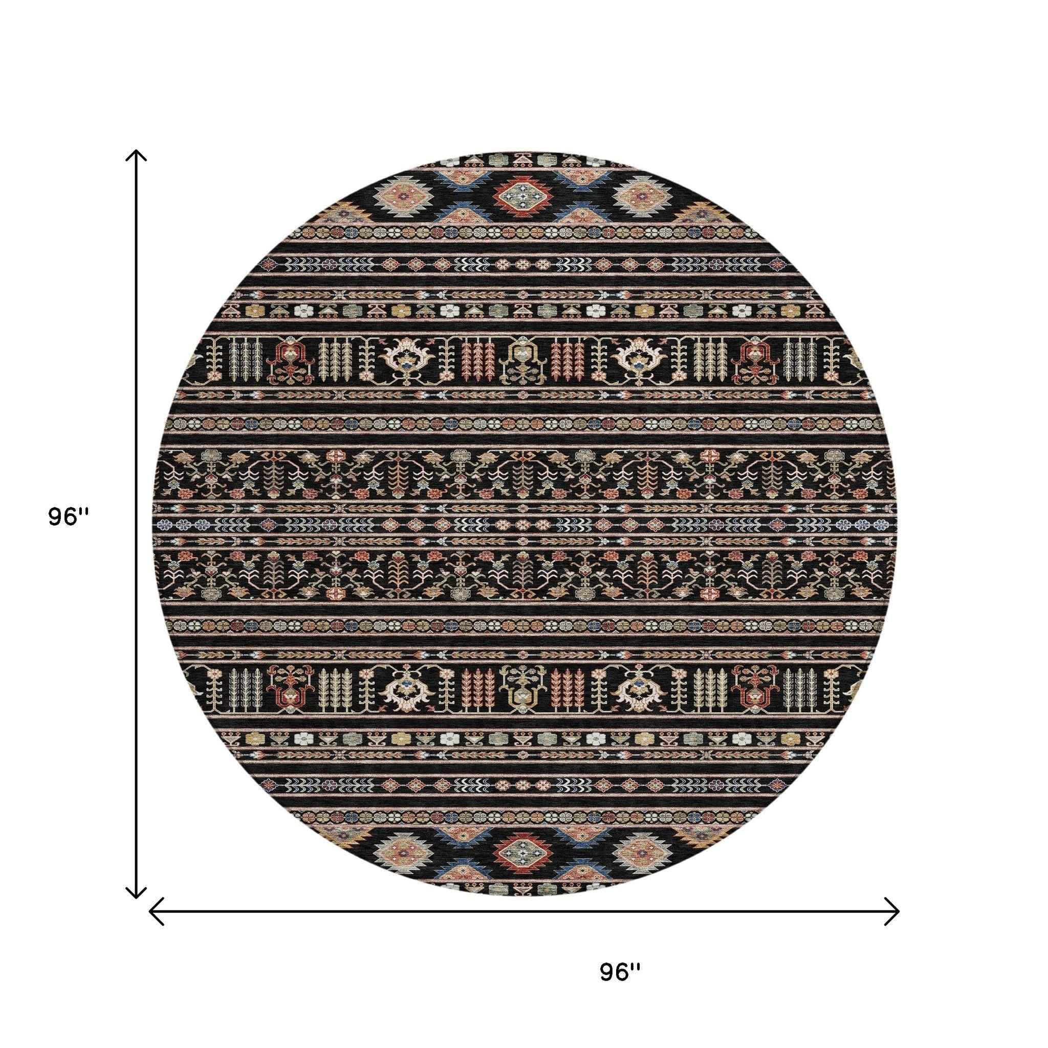 8' Black Blue And Copper Round Tribal Washable Indoor Outdoor Area Rug