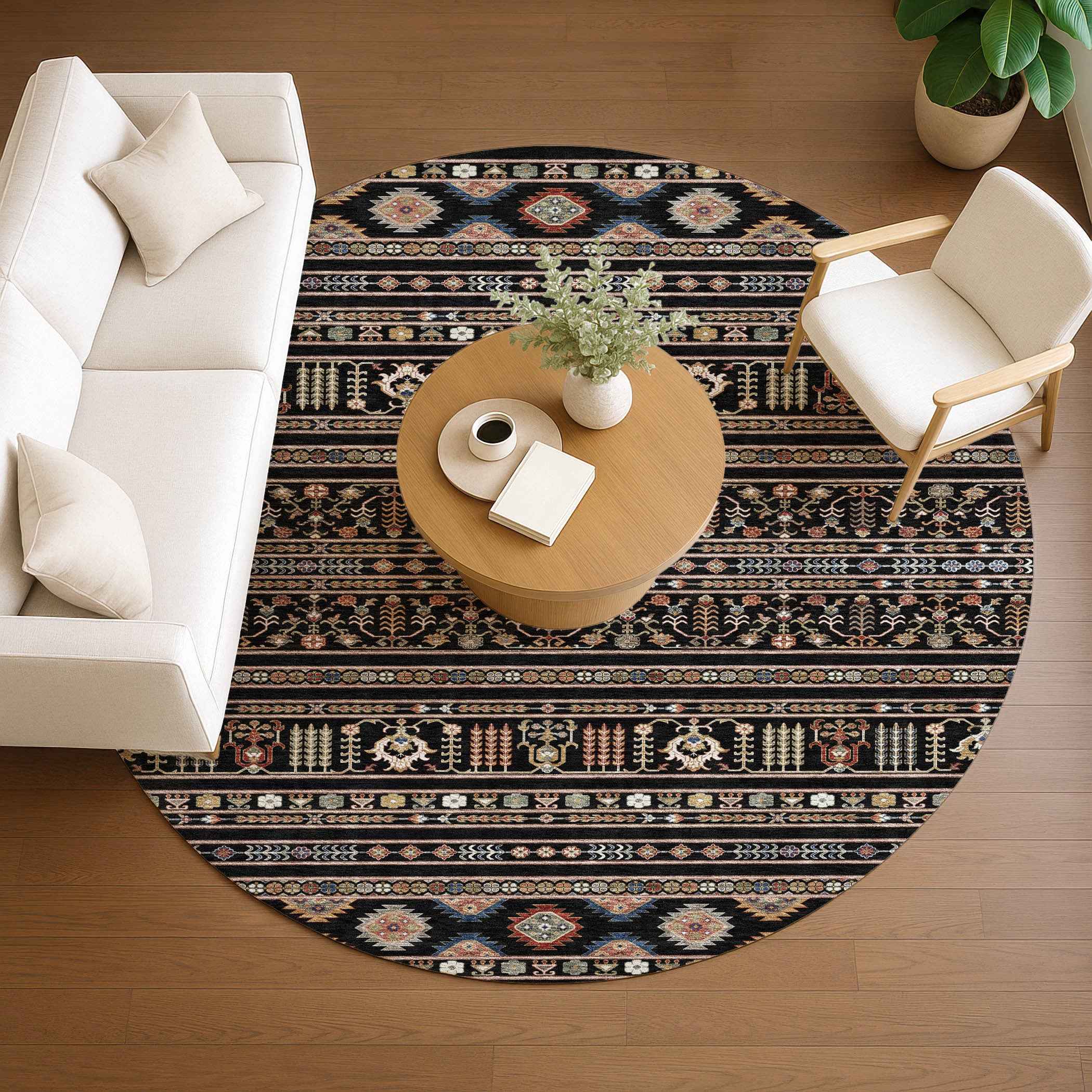 8' Black Blue And Copper Round Tribal Washable Indoor Outdoor Area Rug