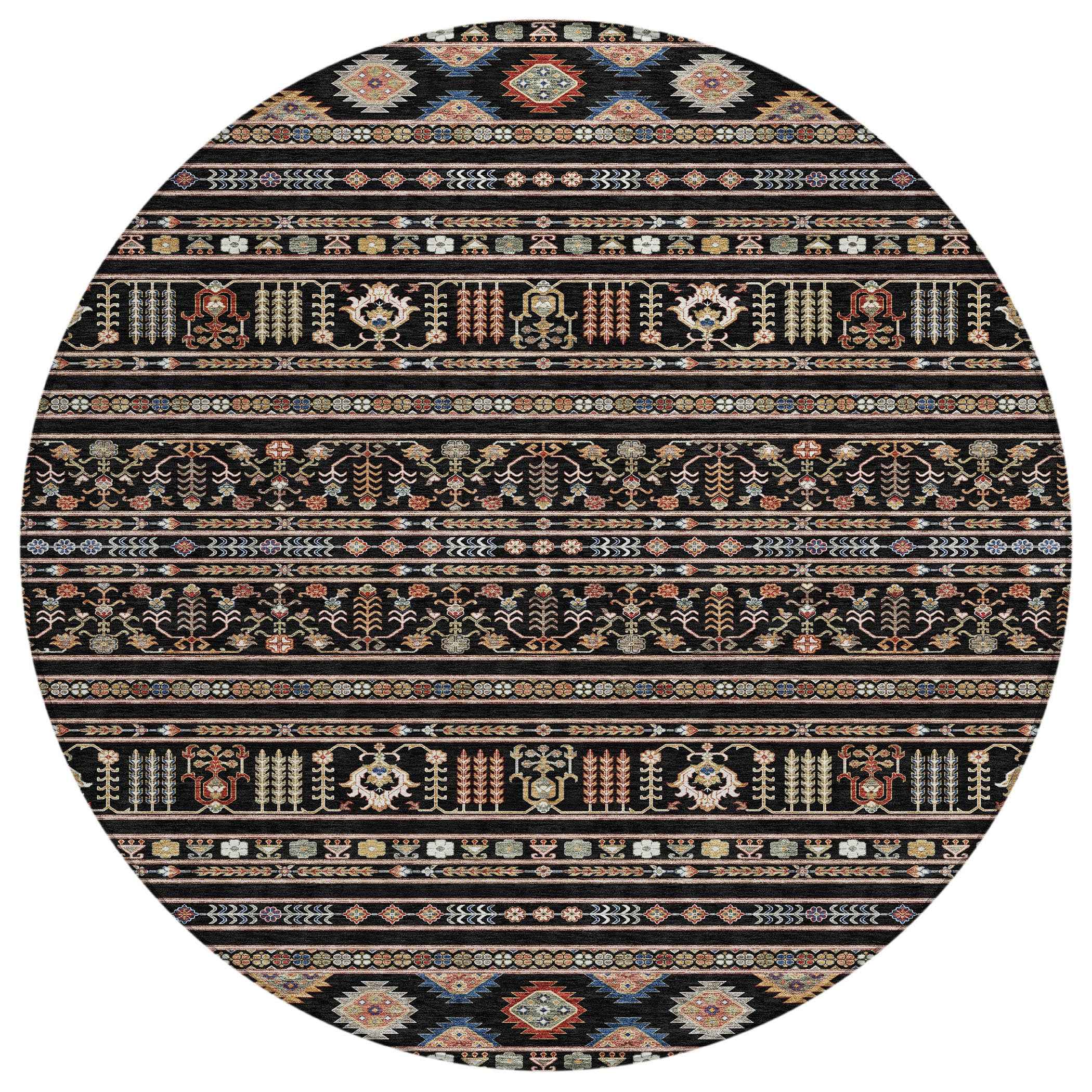 8' Black Blue And Copper Round Tribal Washable Indoor Outdoor Area Rug