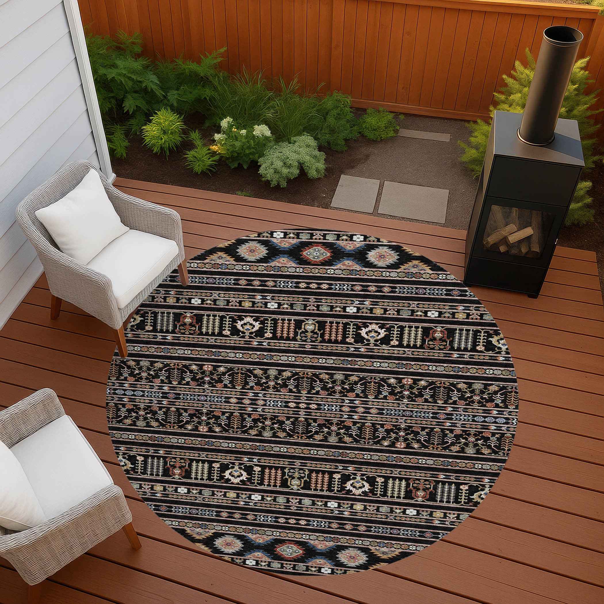 8' Black Blue And Copper Round Tribal Washable Indoor Outdoor Area Rug
