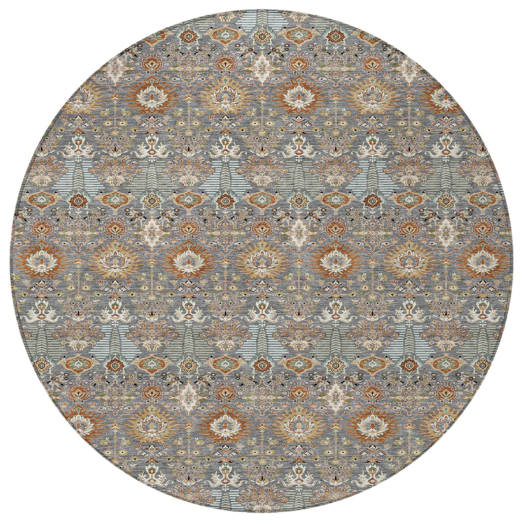 8' Gray And Copper Round Floral Washable Indoor Outdoor Area Rug