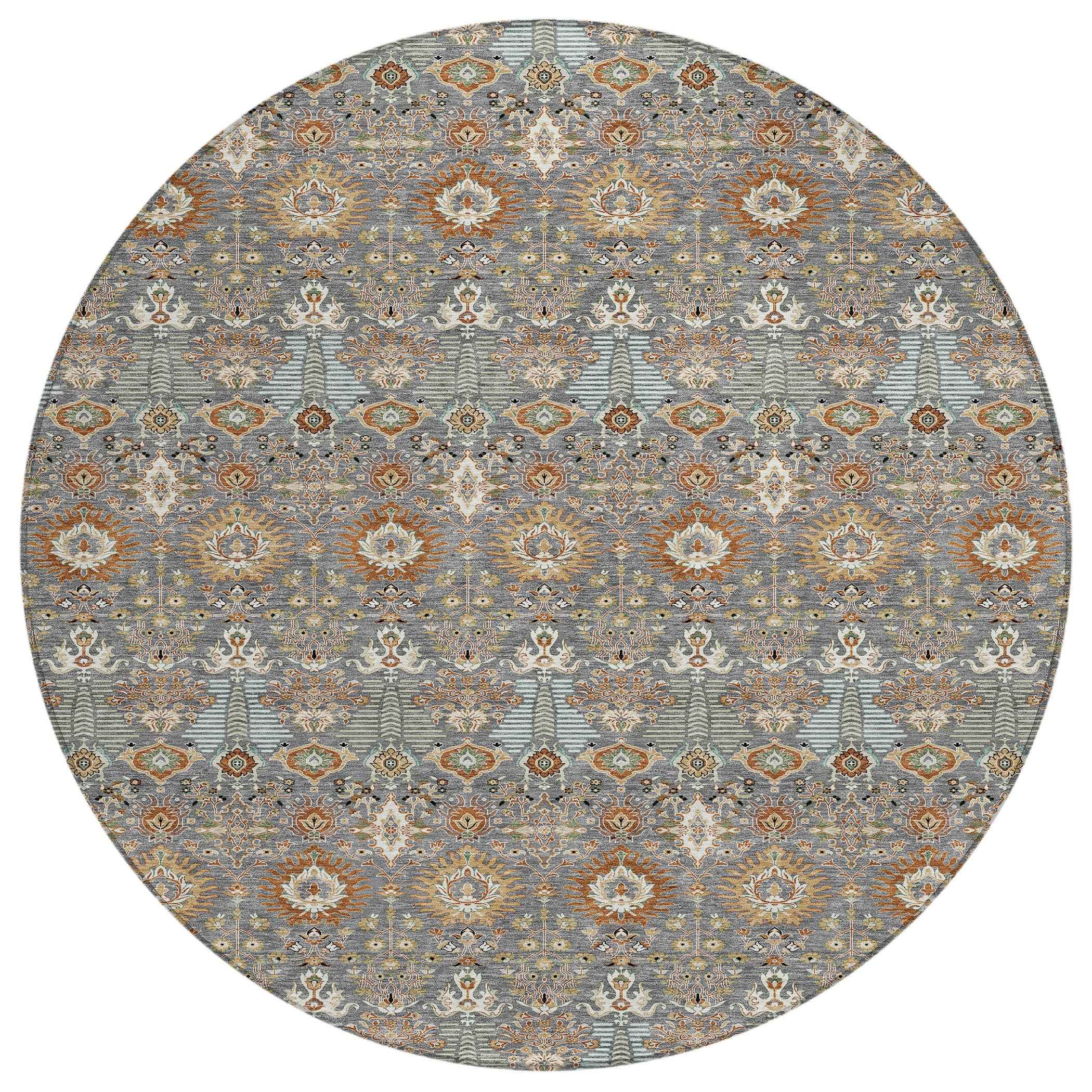 8' Gray And Copper Round Floral Washable Indoor Outdoor Area Rug
