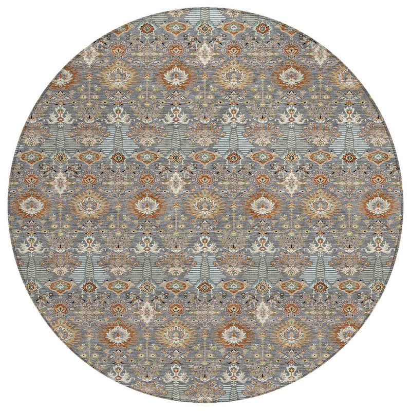8' Gray And Copper Round Floral Washable Indoor Outdoor Area Rug