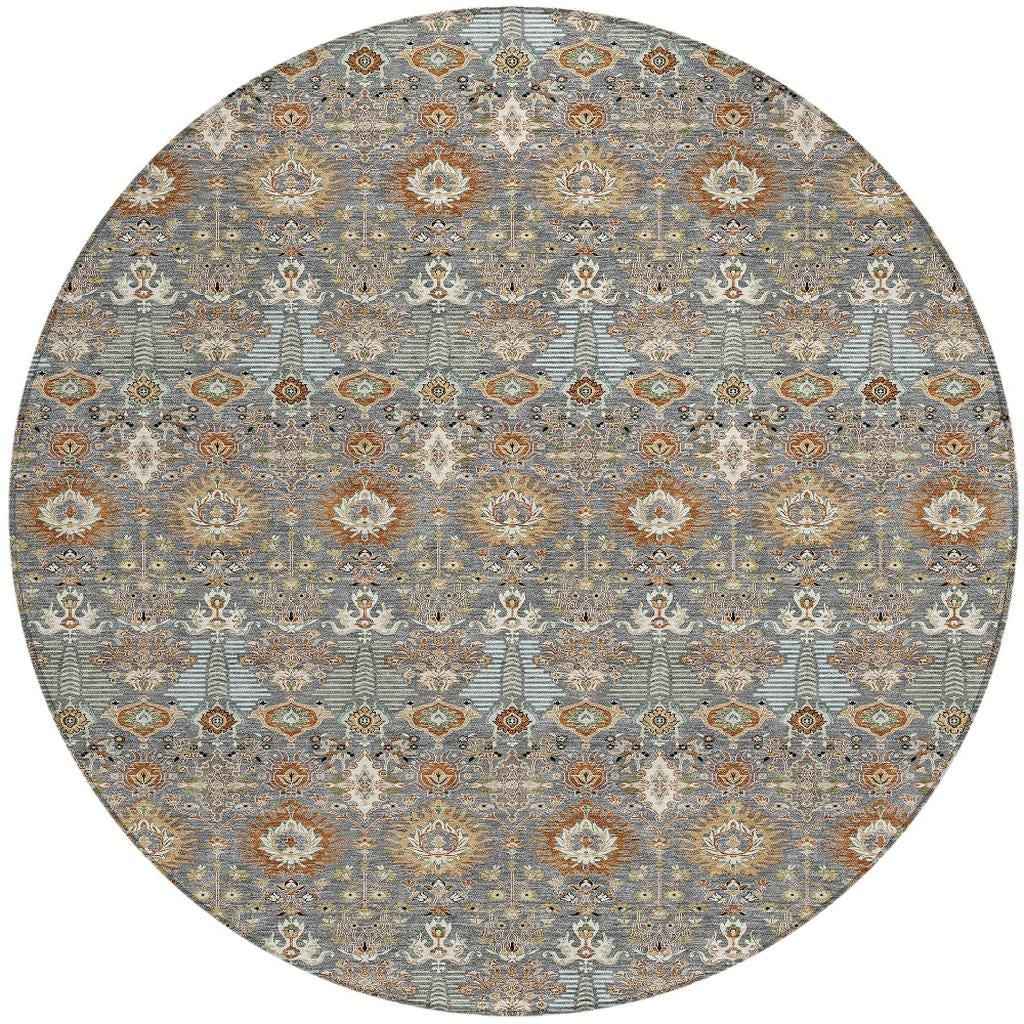 8' Gray And Copper Round Floral Washable Indoor Outdoor Area Rug