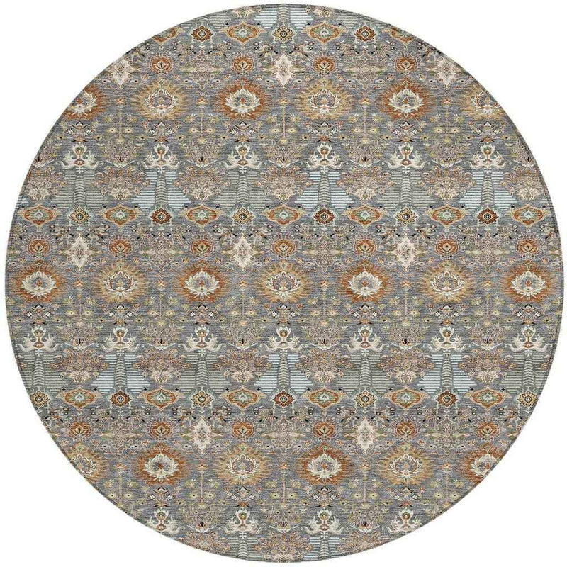 8' Gray And Copper Round Floral Washable Indoor Outdoor Area Rug