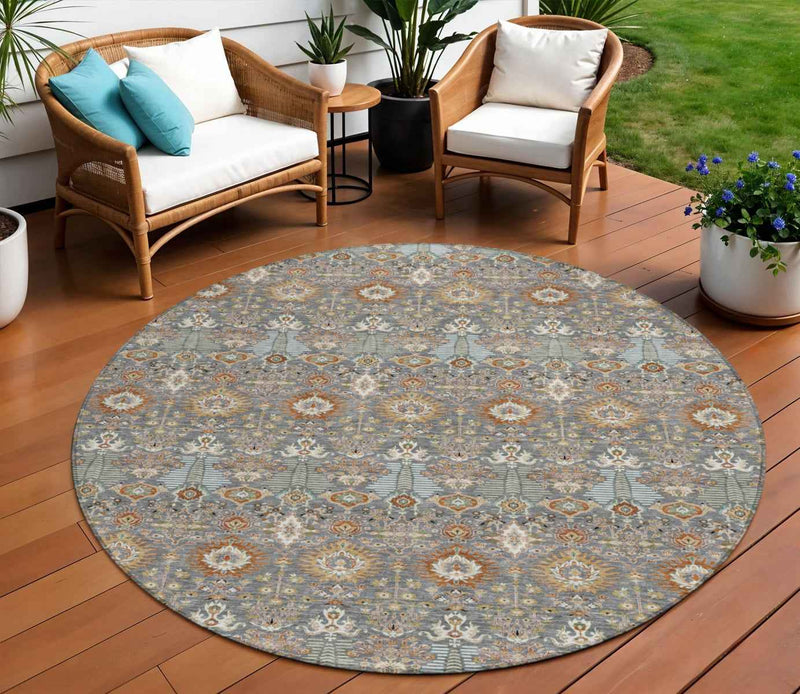 8' Gray And Copper Round Floral Washable Indoor Outdoor Area Rug