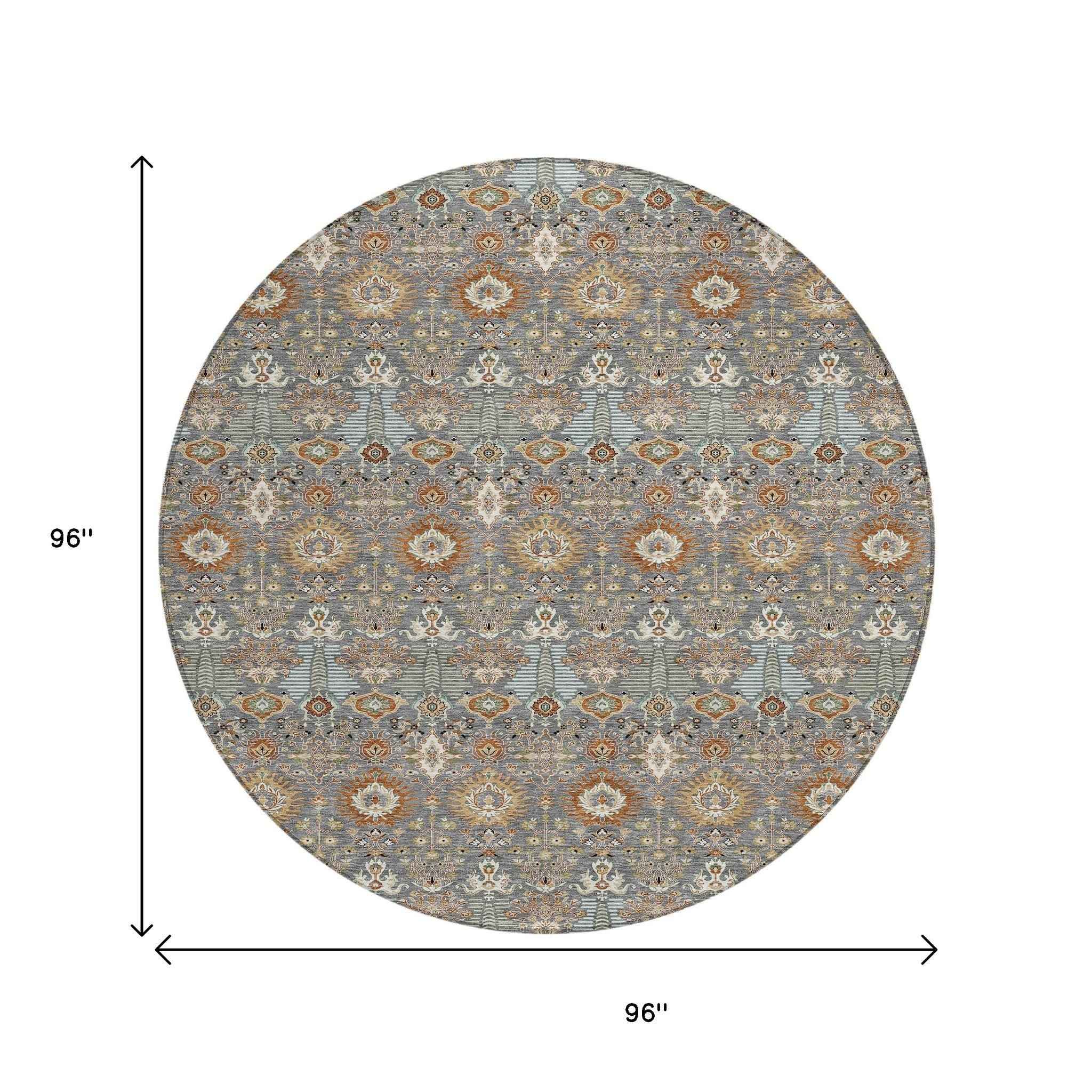 8' Gray And Copper Round Floral Washable Indoor Outdoor Area Rug