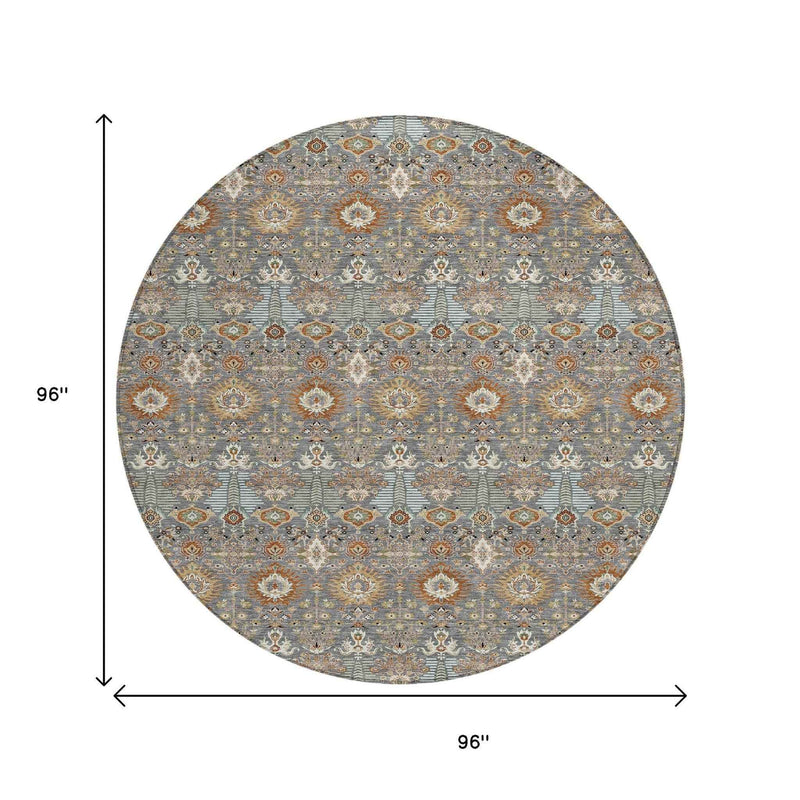 8' Gray And Copper Round Floral Washable Indoor Outdoor Area Rug